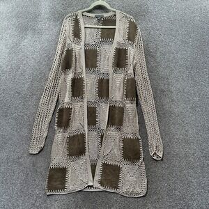 Chelsea & Theodore Cardigan Sweater‎ Women 2 Faux Suede Patchwork Crochet Boho